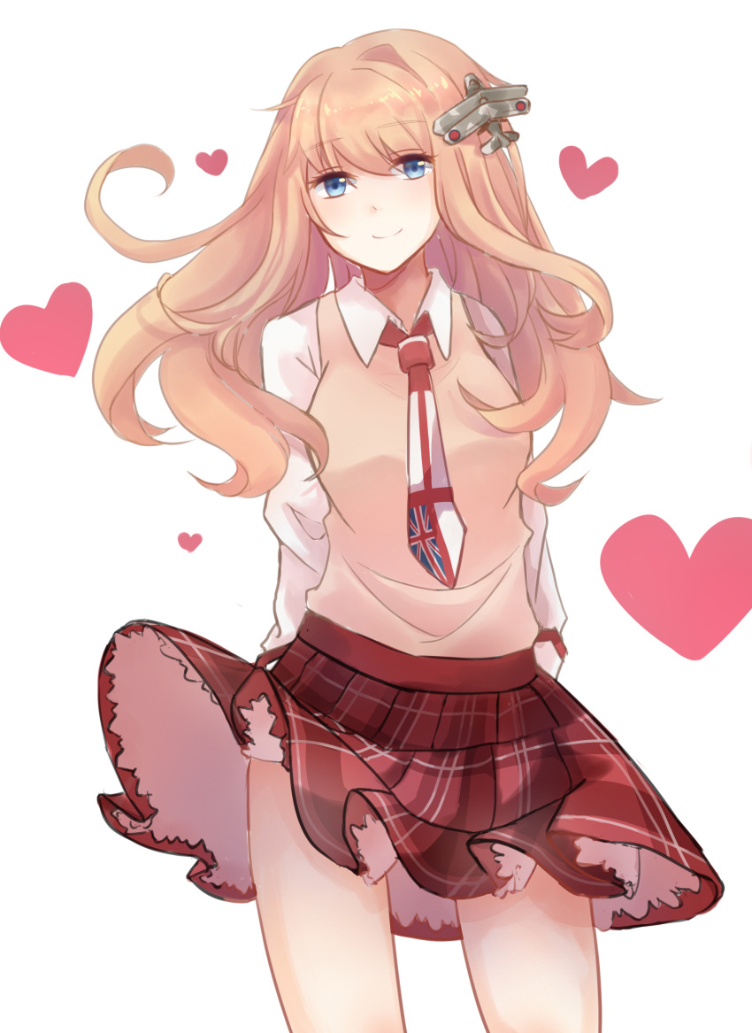 1girl, absurdres, arms_behind_back, back, blonde_hair, blue_eyes, heart, highres, london_(zhan_jian_shao_nyu), long_hair, messy_hair, necktie, sketch, smile, solo, union_jack, vest, white_background, wind, wind_lift, zhan_jian_shao_nyu