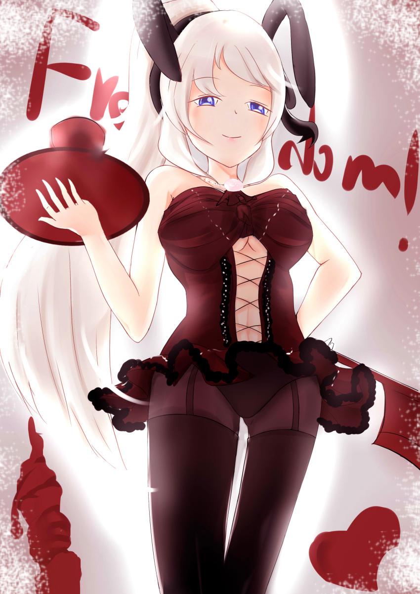 1girl, absurdres, animal_ears, blue_eyes, breasts, cleavage, garter_straps, gluteal_fold