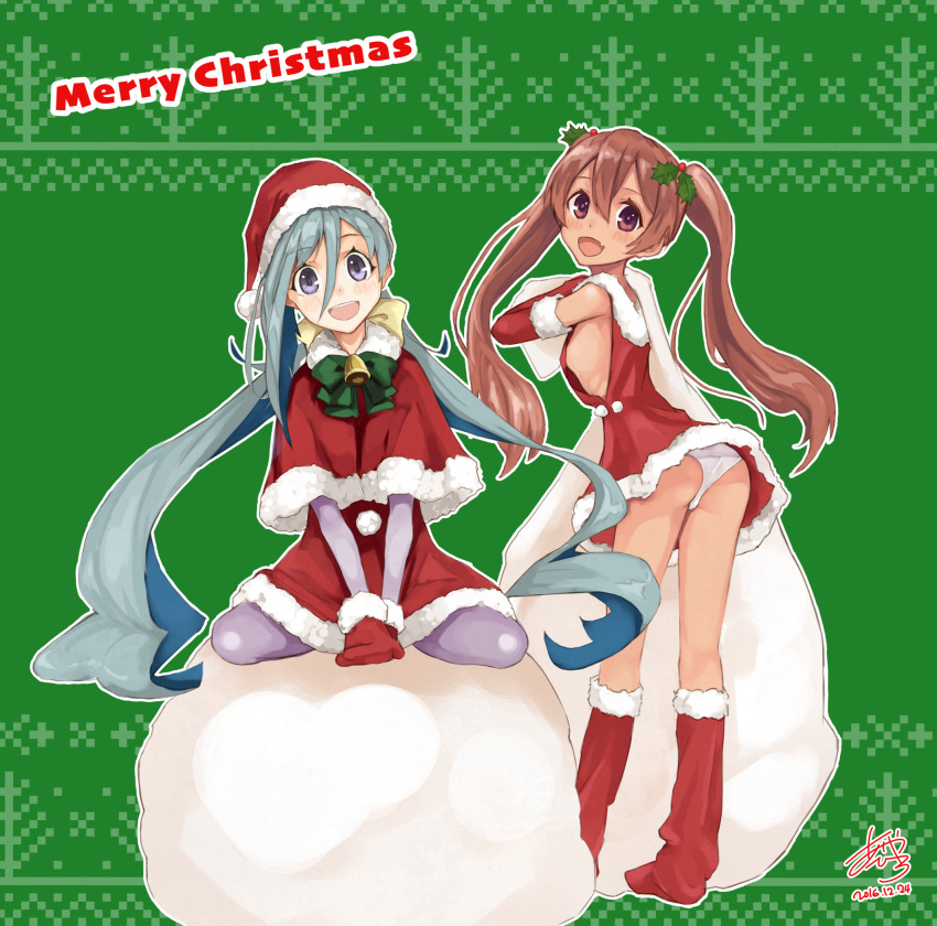 2016, 2girls, :d, alternate_costume, aqua_hair, ashiya_hiro, ass, bell