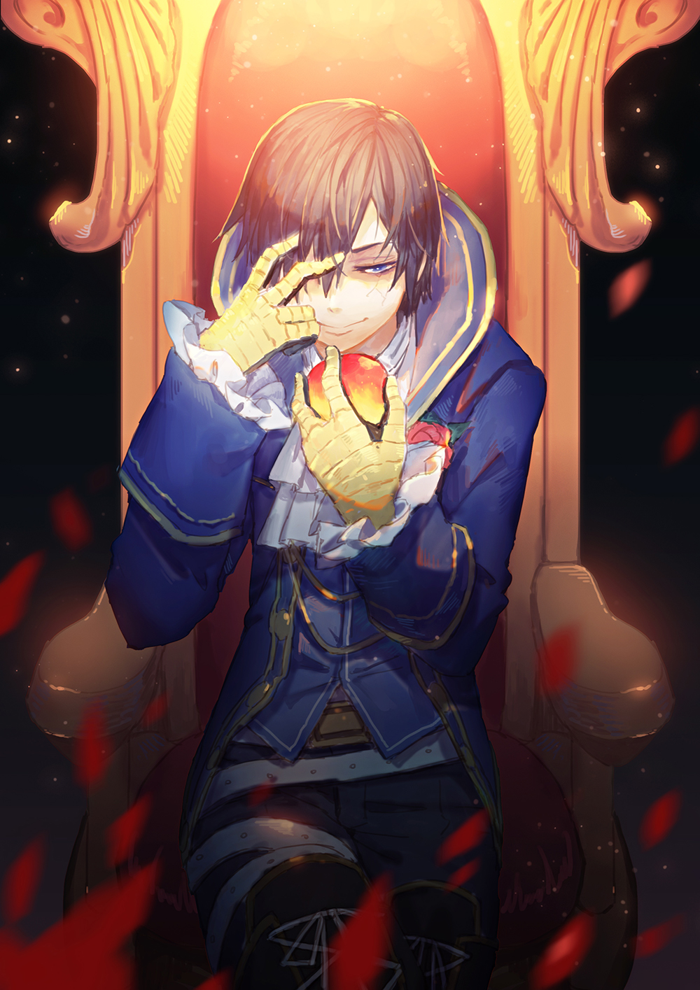 1boy, apple, blue_eyes, blue_hair, boots, covered_eye, cracked_skin, cravat