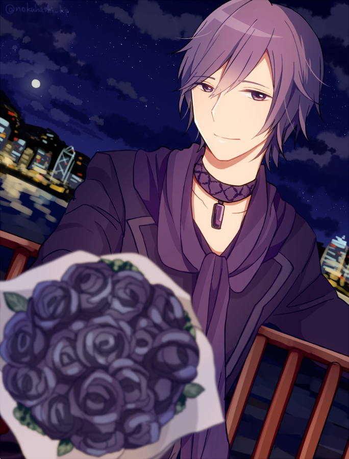 1boy, alternate_costume, blue_eyes, blue_hair, blue_rose, bouquet, choker, cityscape