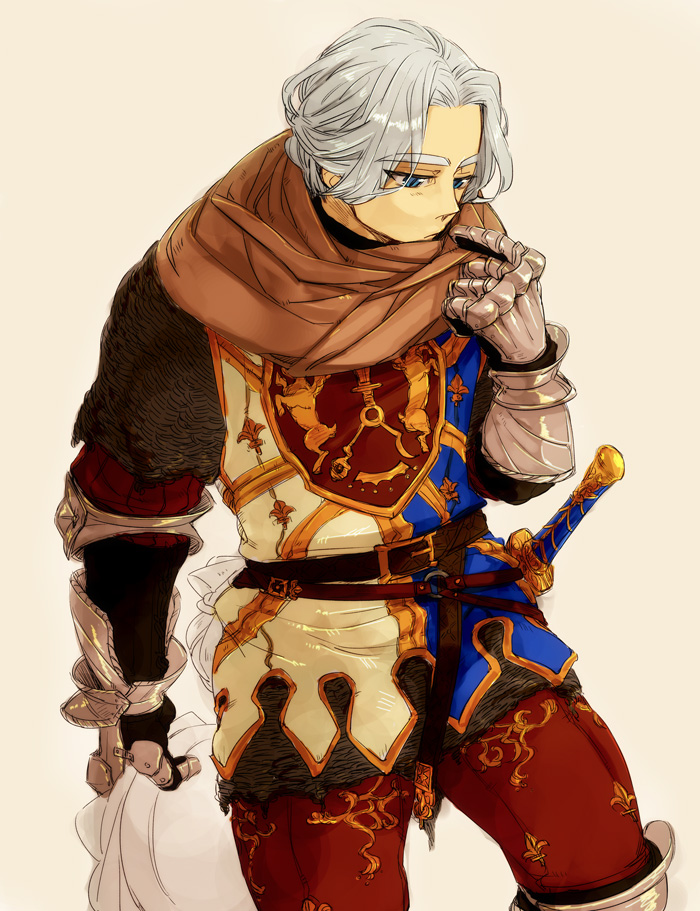 1boy, adjusting_clothes, armor, armored_boots, belt, blue_eyes, boots, brown_background