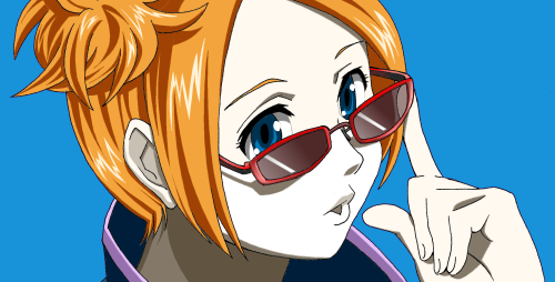 1girl, blue_eyes, finger_on_glasses, glasses, lowres, mirei_(pokemon), open_mouth, orange_hair