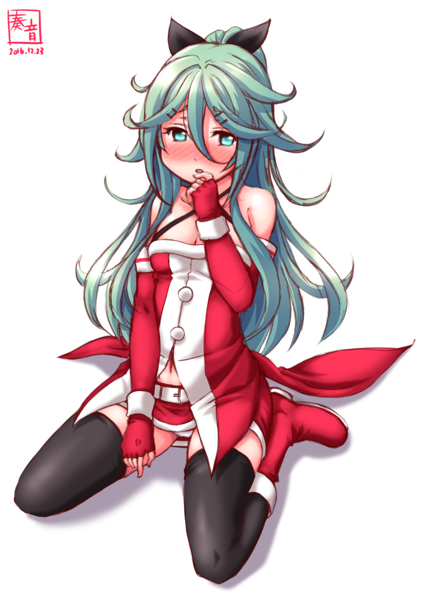 1girl, alternate_costume, black_legwear, blush, boots, breasts, cleavage, cosplay