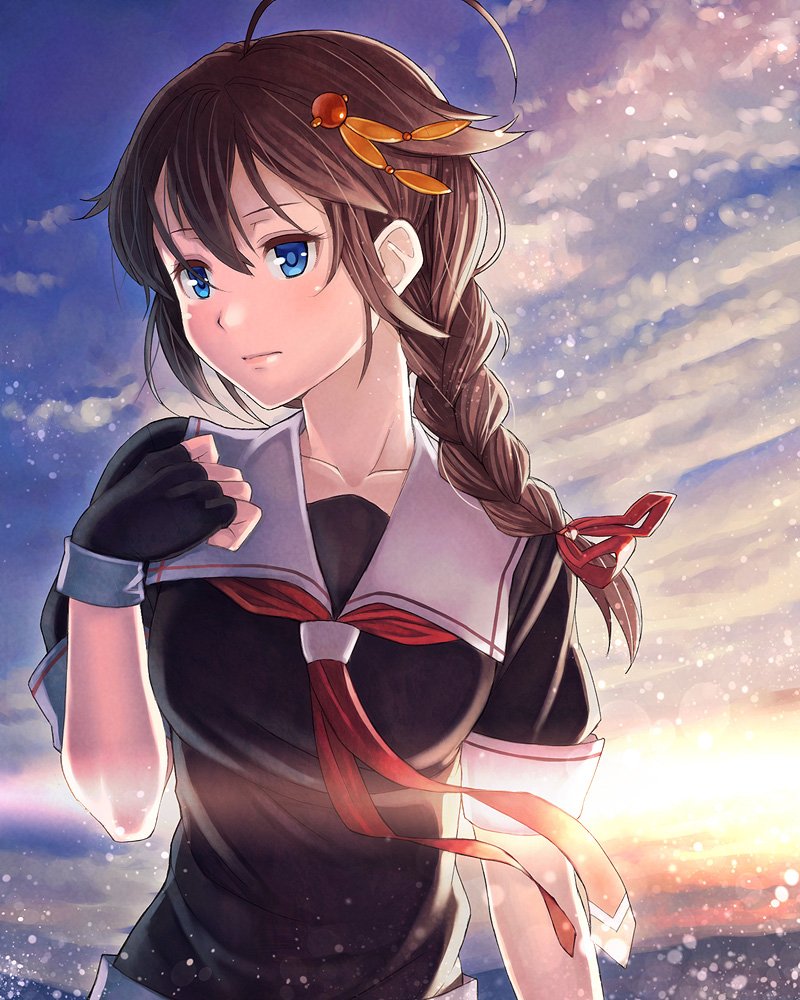 1girl, ahoge, black_serafuku, blue_eyes, braid, brown_hair, clouds, cloudy_sky