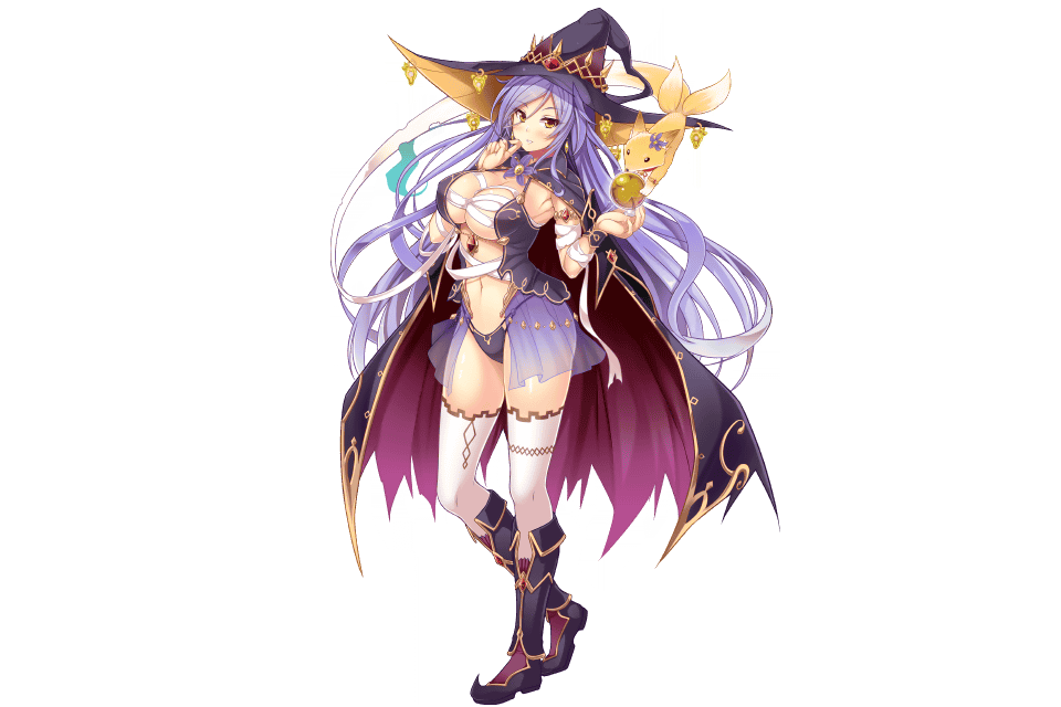 1girl, artist_request, bandage, blush, boots, breasts, cape, character_request, cleavage, earrings, flower_knight_girl, fox_face_(flower_knight_girl), hat, jewelry, knee_boots, large_breasts, lavender_hair, long_hair, looking_at_viewer, overskirt, panties, simple_background, smile, solo, underwear, white_legwear, witch_hat, yellow_eyes