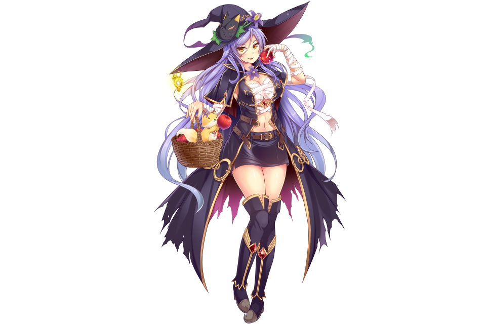 1girl, apple, artist_request, bandage, basket, belt, breasts, character_request, cleavage, coat, flower_knight_girl, food, fox_face_(flower_knight_girl), fruit, full_body, hat, holding, large_breasts, lavender_hair, long_hair, looking_at_viewer, mask, midriff, miniskirt, navel, skirt, smile, solo, standing, thigh-highs, transparent_background, witch_hat, yellow_eyes, zettai_ryouiki