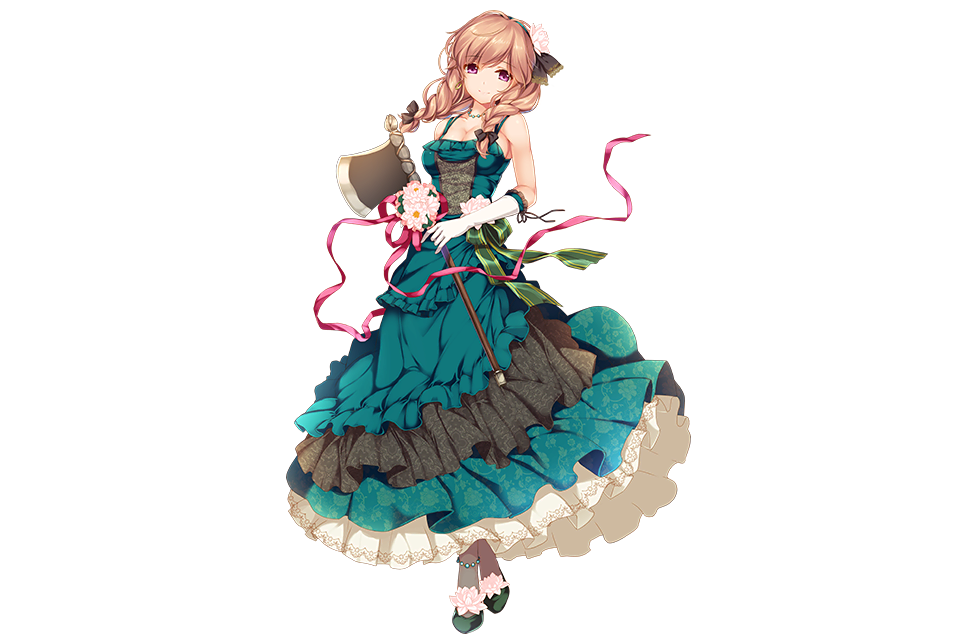 axe, bare_shoulders, braid, brown_hair, dress, elbow_gloves, flower, flower_knight_girl