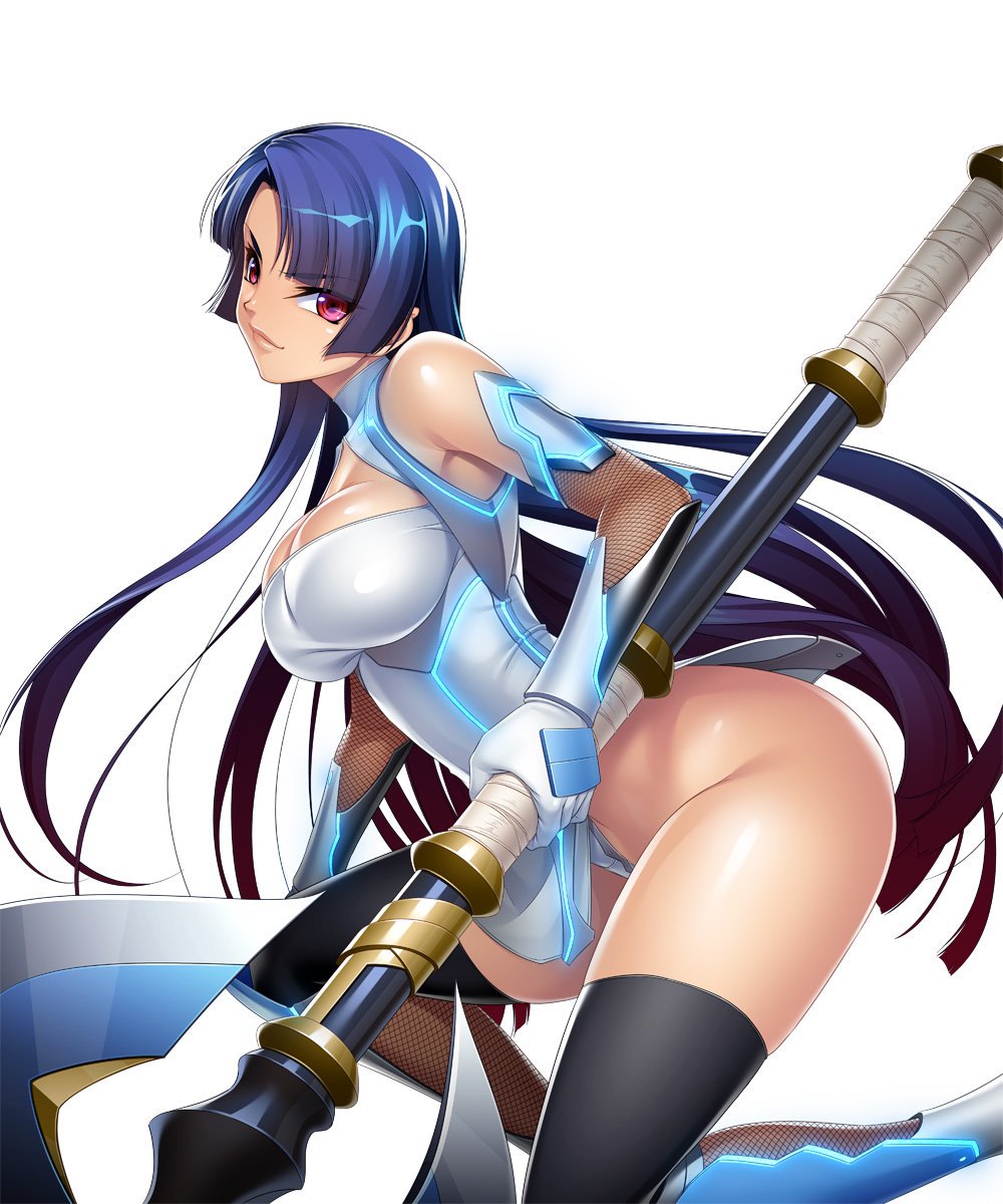 1girl, axe, bare_shoulders, battle_axe, blue_hair, breasts, dress, elbow_gloves, gloves, highres, holding, holding_weapon, kagami_hirotaka, large_breasts, long_hair, looking_at_viewer, panties, red_eyes, short_dress, smile, solo, taimanin_(series), taimanin_asagi, taimanin_murasaki, thigh-highs, underwear, weapon, white_panties, yatsu_murasaki