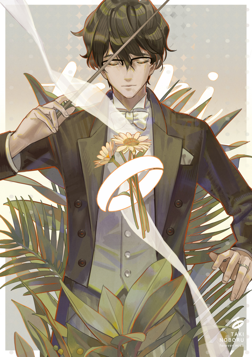 1boy, baton_(instrument), black_hair, bow, bowtie, character_name, closed_eyes, conductor
