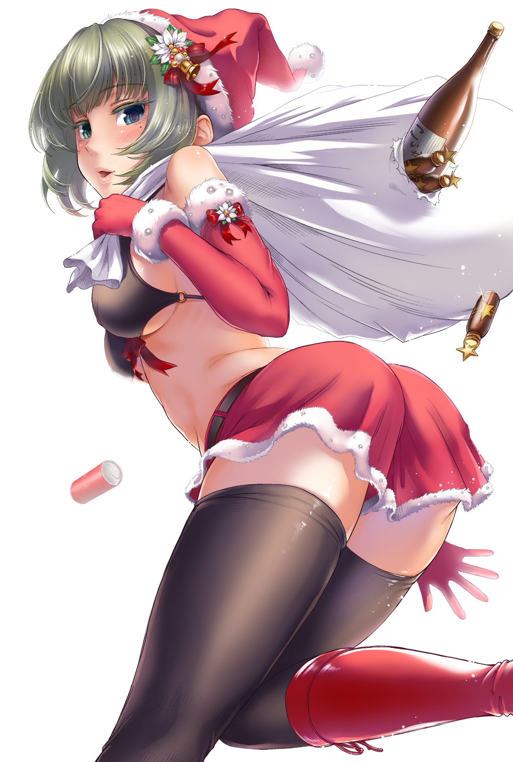 1girl, ass, bikini, black_bikini, black_legwear, blue_eyes, blush, bottle