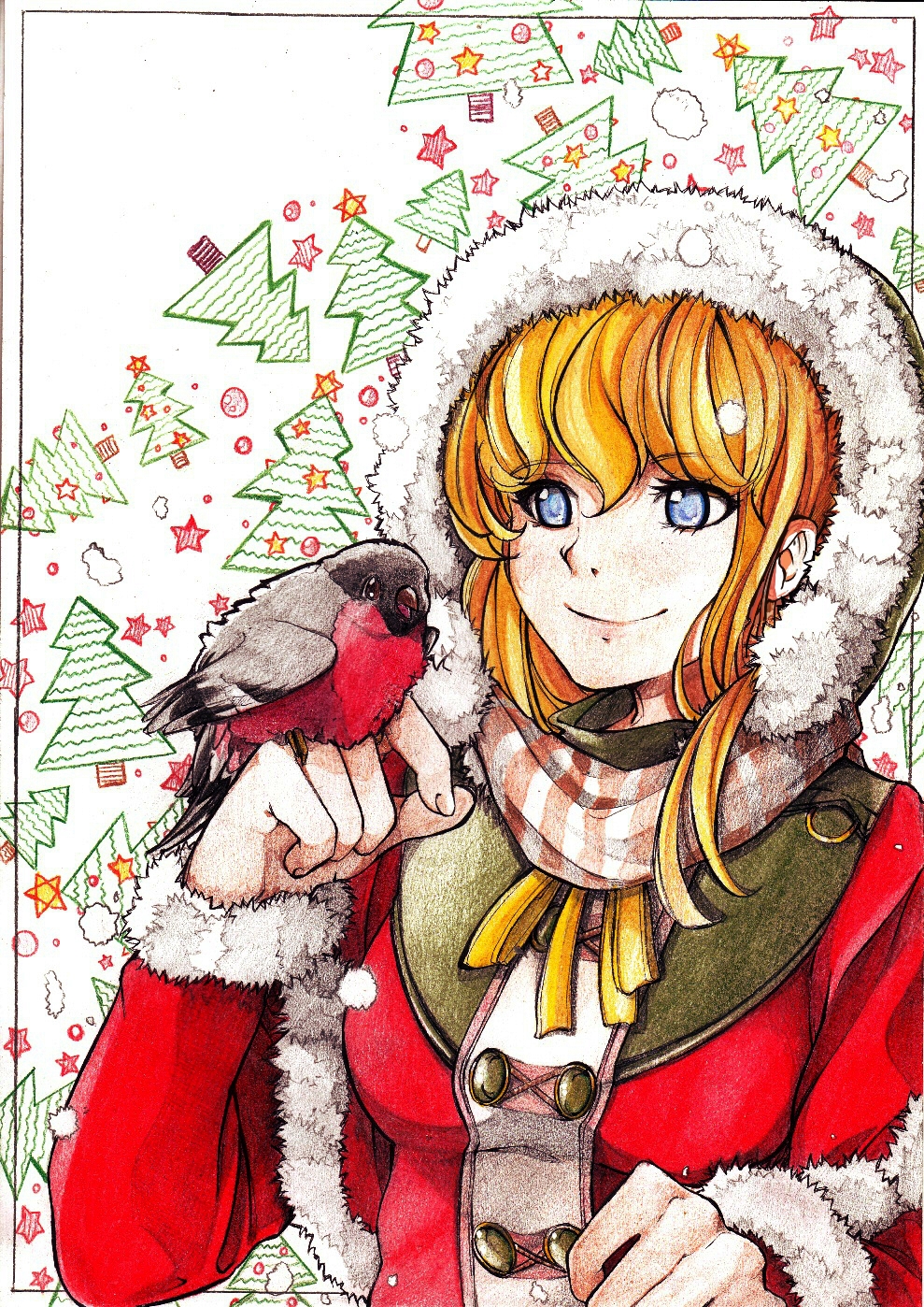 1girl, arcsinus, bird, blind, blonde_hair, christmas_tree, fur-trimmed_jacket, highres