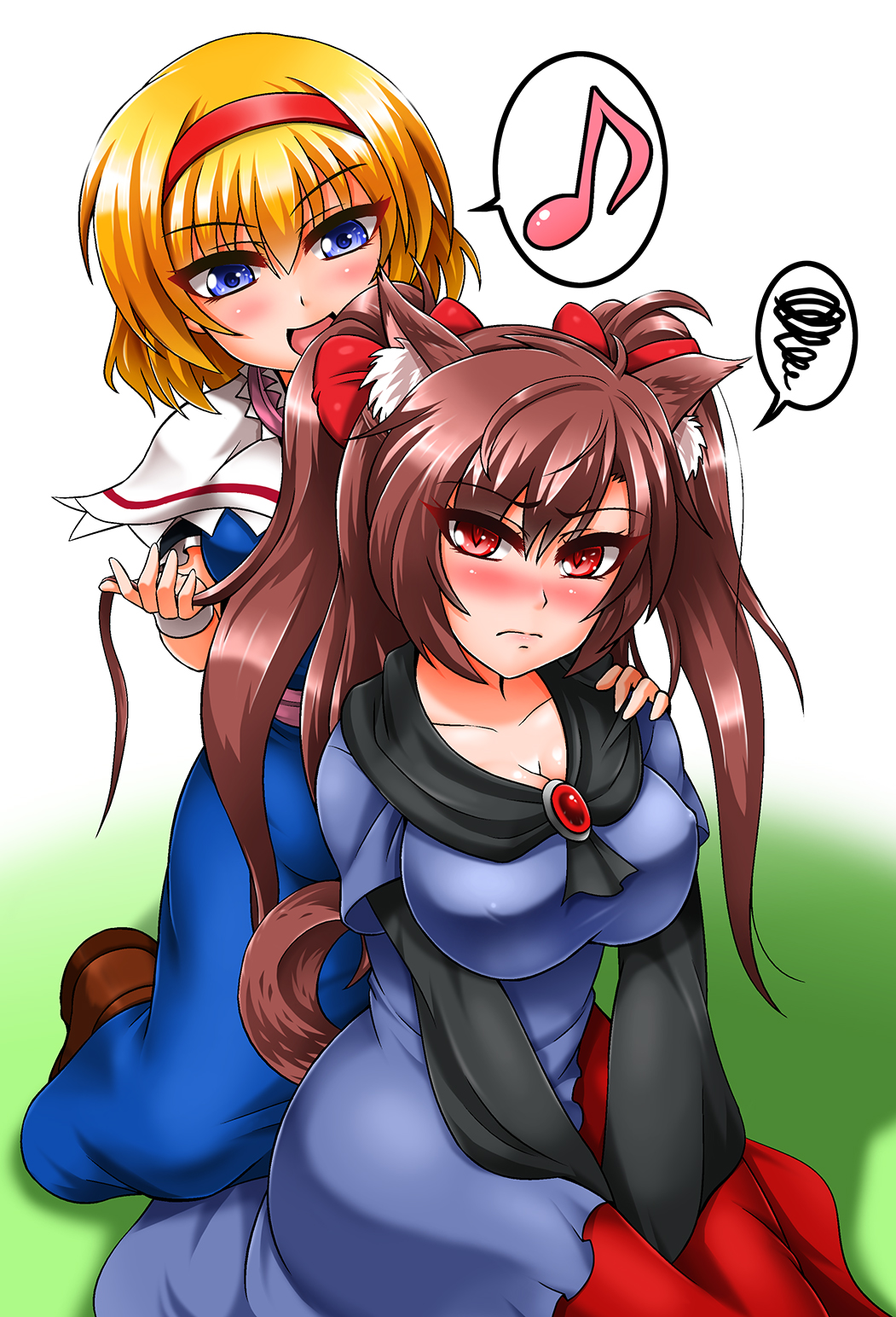 2girls, :d, alice_margatroid, alternate_hairstyle, animal_ears, behind_another, between_legs, blonde_hair
