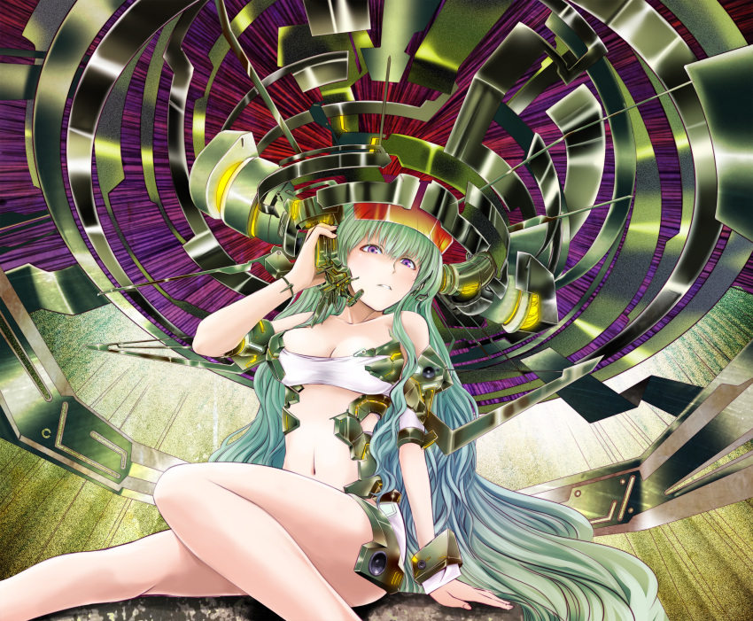 1girl, ak2, bandeau, bangs, bare_shoulders, breasts, cleavage, green_hair
