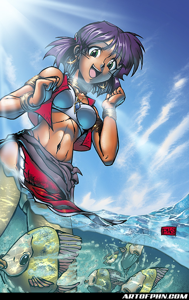 1girl, 90s, amulet, armlet, bandeau, blue_sky, bracelet, breasts, clouds, colored, dark_skin, day, earrings, fish, from_below, fushigi_no_umi_no_nadia, gem, gluteal_fold, green_eyes, hoop_earrings, jewelry, loincloth, making_of, midriff, nadia, navel, ocean, outdoors, panties, pantyshot, peter_huu_nguyen, purple_hair, sarong, short_hair, sky, small_breasts, solo, strapless, toned, tubetop, underwear, wading, water, watermark, web_address, white_panties