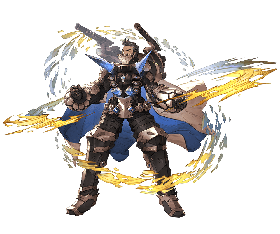 1boy, armor, armored_boots, beard, blue_eyes, boots, brown_hair, cape, facial_hair, gloves, granblue_fantasy, gun, jewelry, mask, minaba_hideo, multicolored_hair, necklace, official_art, solo, transparent_background, two-tone_hair, weapon, white_hair, yngwie