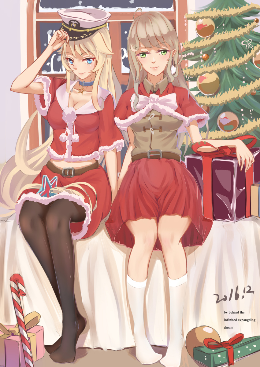 2016, 2girls, absurdres, black_legwear, blonde_hair, blue_eyes, breasts, candy
