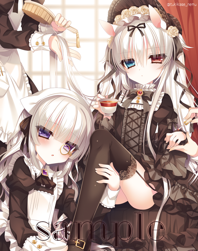 3girls, alice_claudia, animal_ears, black_legwear, garter_straps, gothic_lolita, heterochromia, lolita_fashion