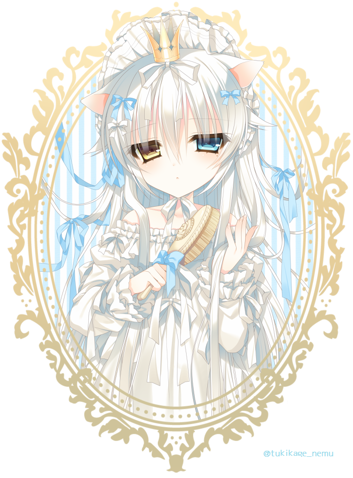 1girl, animal_ears, bare_shoulders, glaring, hair_brush, heterochromia, jitome, long_hair, mole, mole_under_eye, original, solo, tsukikage_nemu, white_hair, yves_astroel