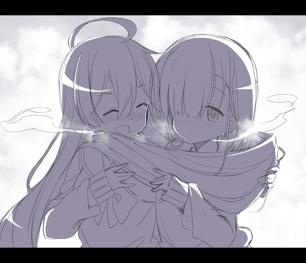 2girls, ahoge, blush, breath, closed_eyes, fang, full-face_blush, greyscale