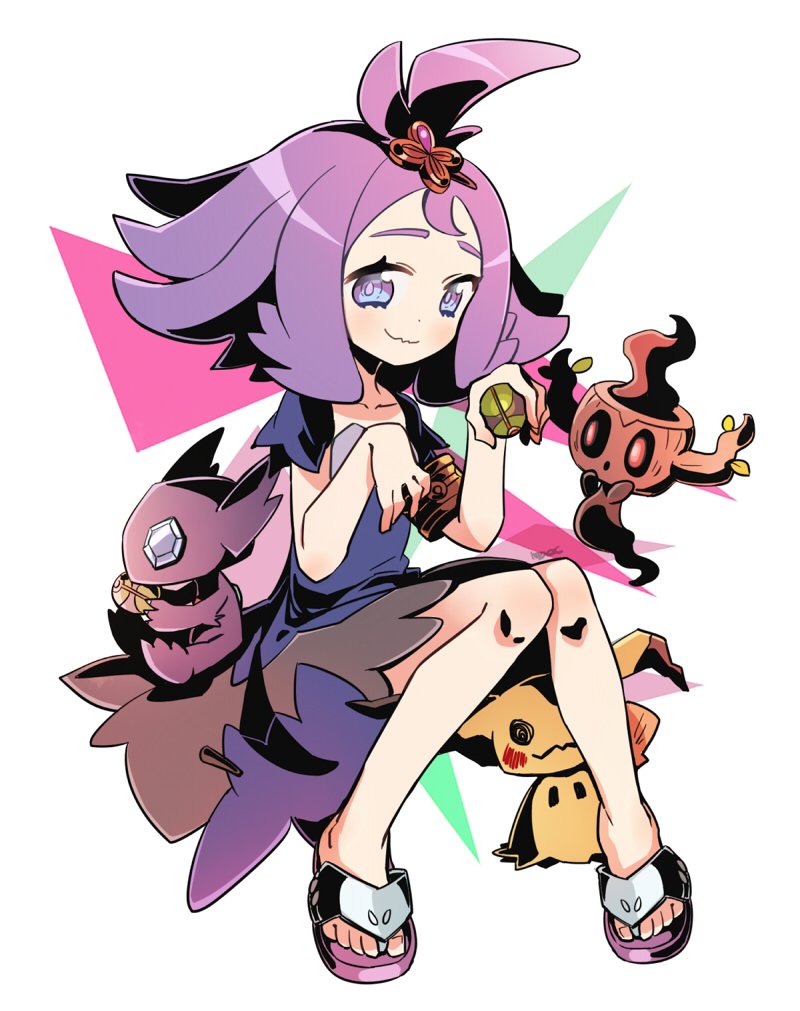 1girl, :3, acerola_(pokemon), blush, dress, dusk_ball, feet, flipped_hair, hair_ornament, hairclip, keijou_(cave), looking_at_viewer, mimikyu, paw_pose, phantump, poke_ball, pokemon, pokemon_(game), pokemon_sm, purple_dress, purple_hair, sableye, sandals, short_hair, short_sleeves, simple_background, sitting, skirt, solo, violet_eyes, wavy_mouth, white_background