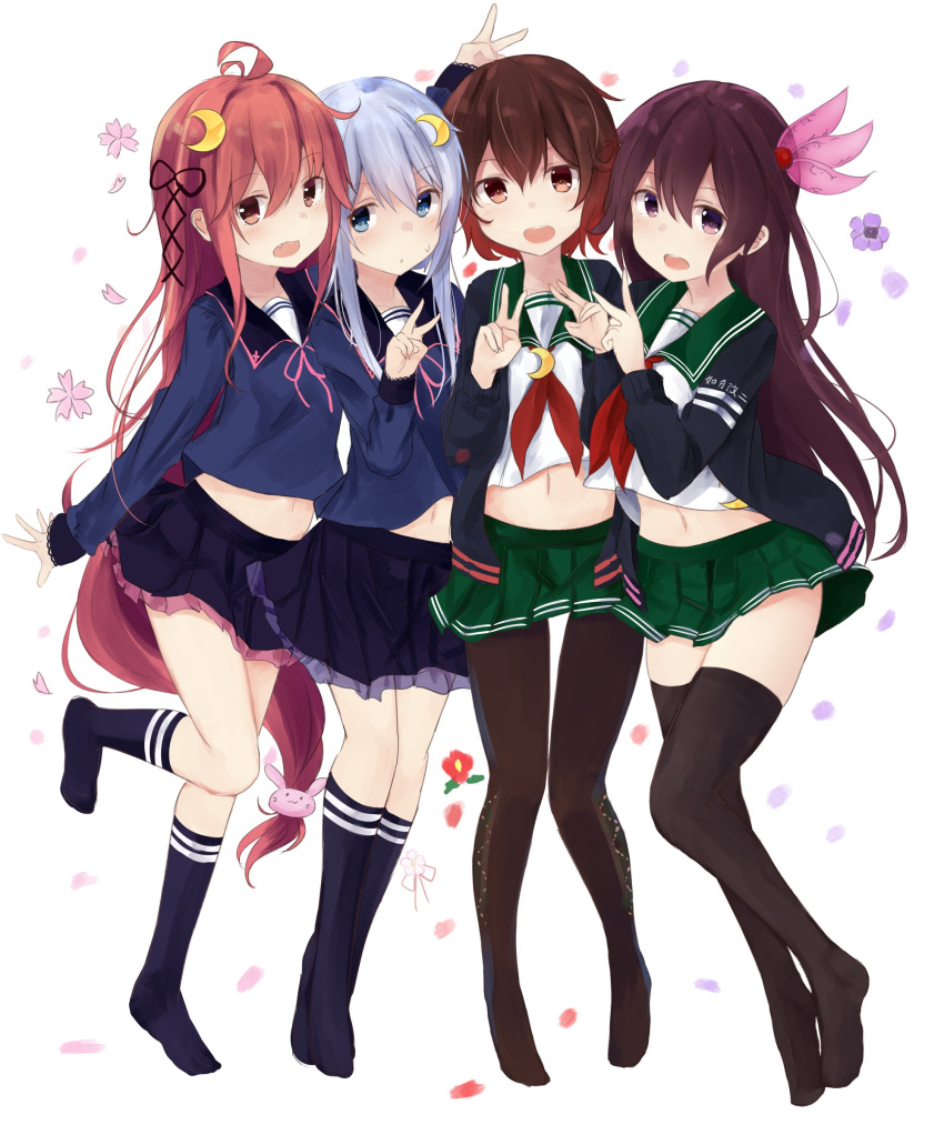 4girls, :d, :o, absurdres, ahoge, bangs, black_legwear, blue_eyes, blue_hair, blue_legwear, blush, brown_hair, bunny_hair_ornament, clothes_writing, crescent, crescent_hair_ornament, double_v, fang, floral_background, frilled_skirt, frills, hair_between_eyes, hair_ornament, highres, kantai_collection, kisaragi_(kantai_collection), kneehighs, long_hair, long_sleeves, looking_at_viewer, midriff, multiple_girls, mutsuki_(kantai_collection), navel, neckerchief, no_shoes, one_leg_raised, open_mouth, pantyhose, petals, pink_hair, pleated_skirt, purple_hair, round_teeth, school_uniform, serafuku, short_hair, side-by-side, sidelocks, skirt, smile, standing, standing_on_one_leg, sweatdrop, teeth, thigh-highs, uzuki_(kantai_collection), v, v_(bunny_ears), very_long_hair, violet_eyes, white_background, yayoi_(kantai_collection), yuki_(yukin0128), zettai_ryouiki