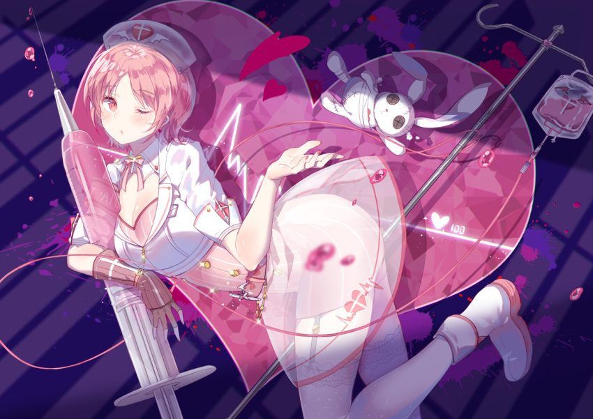 1girl, bandage, belt, blood, boots, breasts, cardiogram, character_request, cleavage, commentary_request, domotolain, fingerless_gloves, garter_straps, gloves, hat, heart, heart_monitor, intravenous_drip, lace, lace-trimmed_thighhighs, miracle_nikki, nail_polish, neck_ribbon, nurse, nurse_cap, one_eye_closed, oversized_object, pink_eyes, pink_hair, red_nails, ribbon, see-through, short_hair, single_elbow_glove, skirt, solo, stitches, stuffed_animal, stuffed_bunny, stuffed_toy, syringe, thigh-highs, transparent_skirt