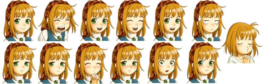 1girl, character_sheet, cornet_espoir, expressions, face, female, green_eyes, hairband