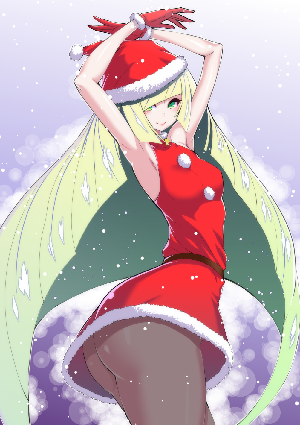1girl, alternate_costume, armpits, arms_up, ass, asymmetrical_hair, bangs, belt
