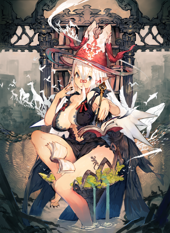 1girl, barefoot, bird, black_nails, book, bookshelf, breasts, commentary_request, giraffe, gorilla, hair_between_eyes, hat, large_breasts, lizard, long_hair, looking_at_viewer, nail_polish, open_book, open_mouth, original, pillar, pointy_ears, sitting, soaking_feet, solo, tarot, the_magician, toenail_polish, toridamono, water, whale, white_hair, witch_hat, writing