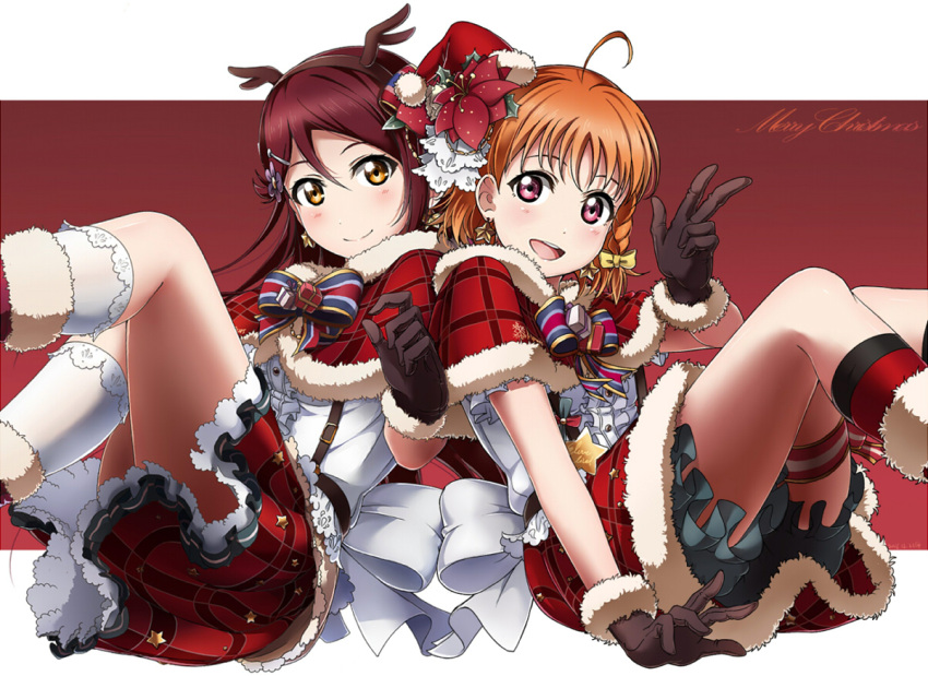 2girls, ahoge, antlers, bangs, black_gloves, bloomers, bow, bowtie