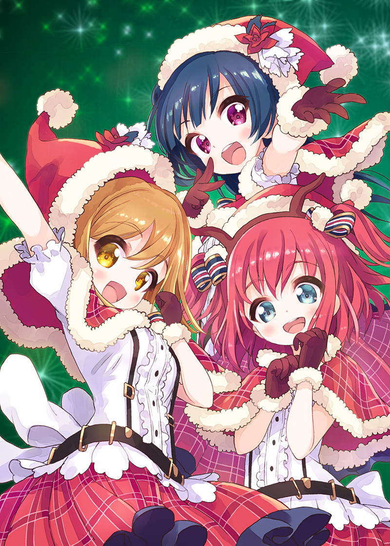 :d, antlers, arm_up, bangs, belt, black_gloves, blue_eyes, blue_hair