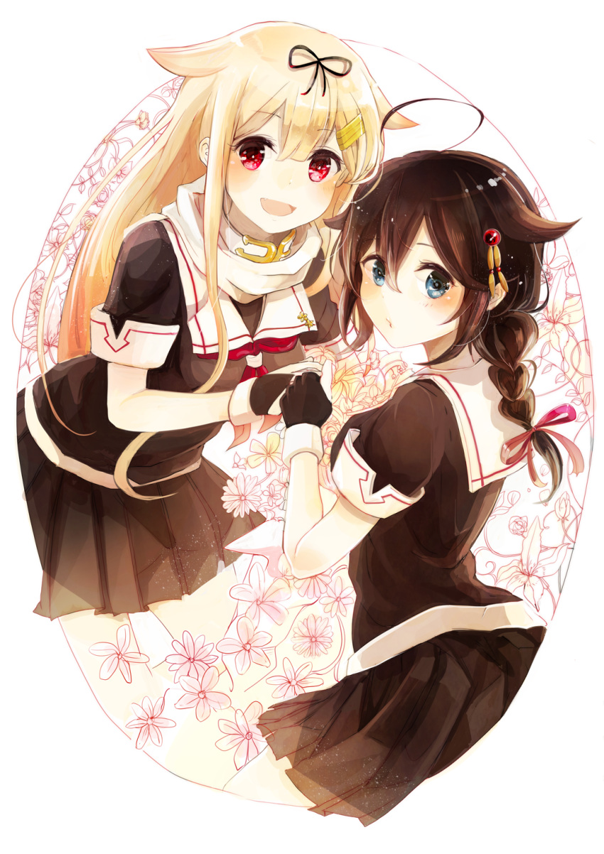 2girls, :d, ahoge, black_serafuku, blonde_hair, blue_eyes, bow, braid