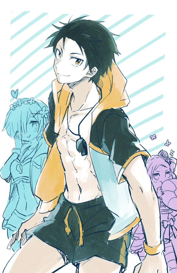 1boy, 2girls, :>, beatrice_(re:zero), bikini, biting, black_hair, brown_eyes, drill_hair, gaa_(butsugen), hair_over_one_eye, heart, heart-shaped_pupils, hood, hoodie, innertube, looking_at_viewer, male_swimwear, multiple_girls, natsuki_subaru, navel, open_clothes, open_shirt, partially_colored, re:zero_kara_hajimeru_isekai_seikatsu, rem_(re:zero), shirt, short_sleeves, smile, striped, striped_background, swim_trunks, swimsuit, swimwear, symbol-shaped_pupils, twin_drills, white_background