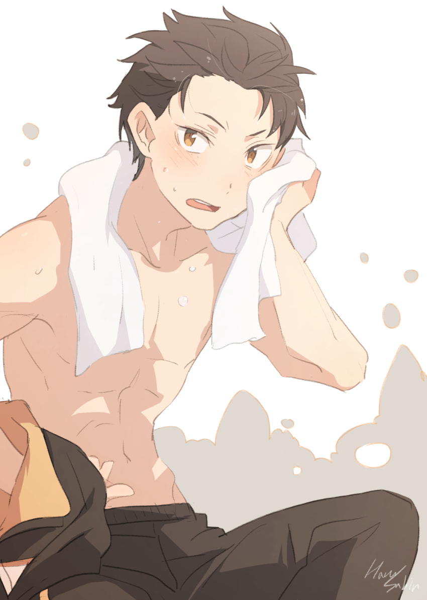 1boy, adonis_belt, blush, brown_eyes, brown_hair, hair_slicked_back, harusabin, highres