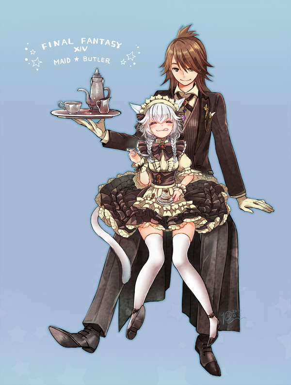 1boy, 1girl, 2016, ^_^, animal_ears, ankle_ribbon, arm_at_side, arm_support, bangs, black_bow, black_bowtie, black_coat, black_pants, black_shoes, blue_background, blue_eyes, bolo_tie, bow, bowtie, braid, breasts, brooch, brown_hair, butler, cat_ears, cat_tail, center_frills, closed_eyes, closed_mouth, copyright_name, cup, dessert, dress, eating, facial_mark, final_fantasy, final_fantasy_xiv, food, formal, frilled_dress, frilled_sleeves, frills, full_body, gloves, gradient, gradient_background, happy, holding, holding_plate, holding_tray, jewelry, licking_lips, long_hair, long_sleeves, looking_at_another, maid, maid_headdress, medium_breasts, miqo'te, pants, plate, puffy_sleeves, ren-co, ribbon, sash, shiny, shiny_hair, shoe_soles, shoes, short_dress, signature, sitting, smile, swept_bangs, tail, tea_set, teacup, teapot, thigh-highs, tongue, tongue_out, tray, twin_braids, white_apron, white_hair, white_legwear, zettai_ryouiki