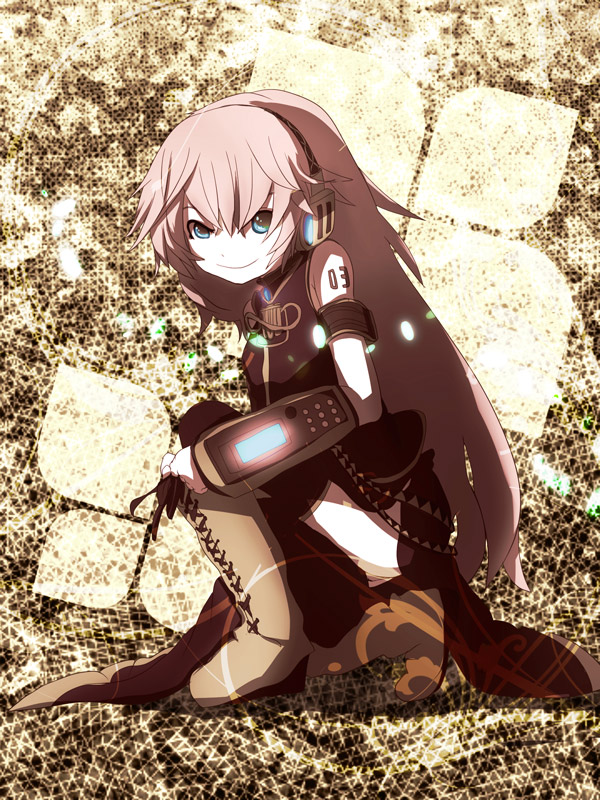 boots, itaru, knee_boots, kneeling, long_hair, megurine_luka, pink_hair, shoe_tying