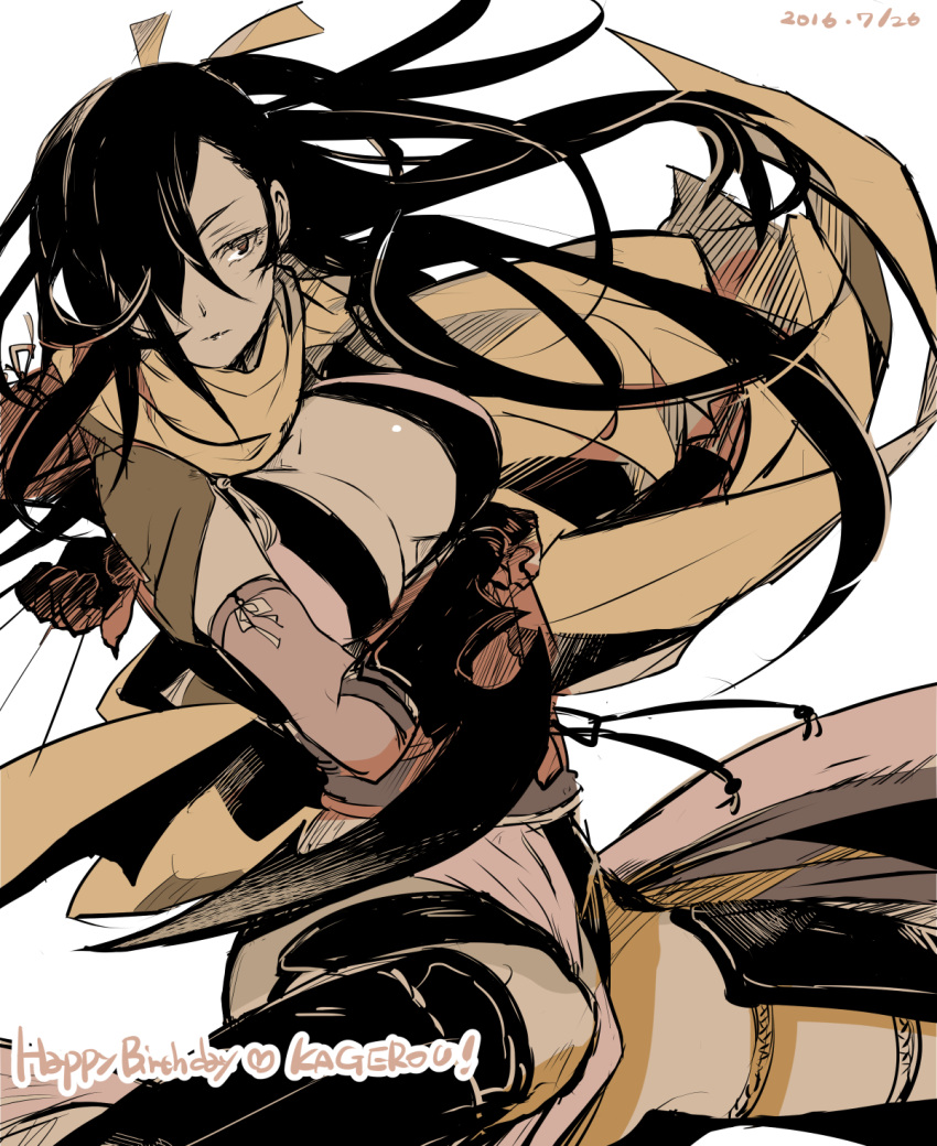 1girl, arm_blade, breasts, brown_hair, cape, cleavage, dated, detached_sleeves