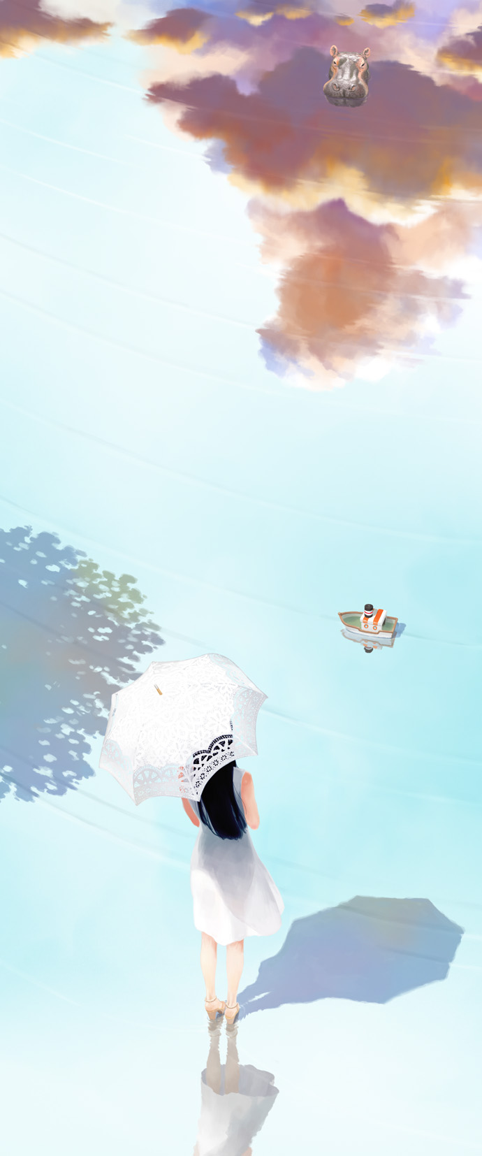 1girl, ab_(atstudio), black_hair, boat, dress, highres, hippopotamus, long_hair, reflective_floor, shadow, sky, umbrella, water, watercraft, white_dress