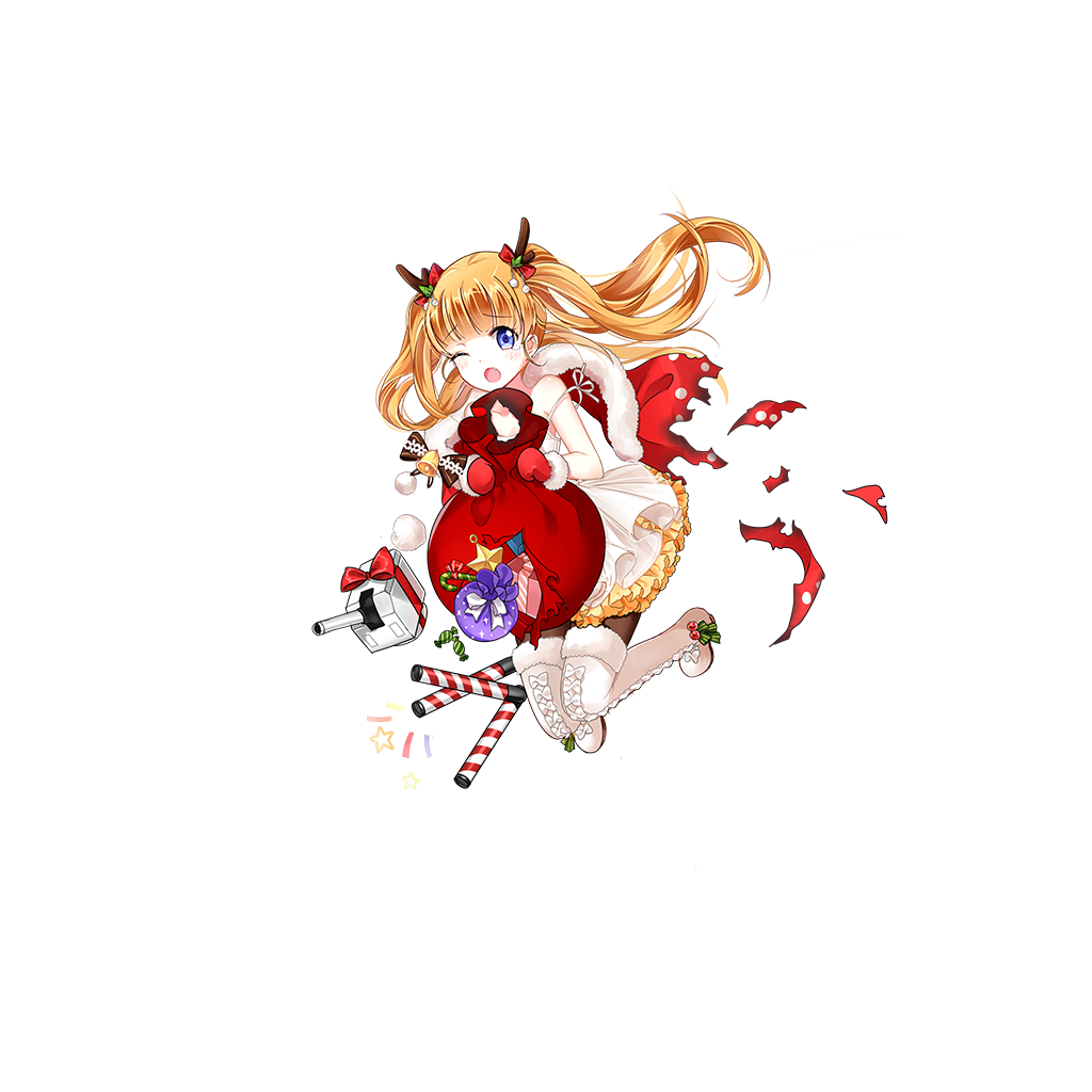 1girl, alternate_costume, antlers, bangs, bell, blonde_hair, blue_eyes, blunt_bangs