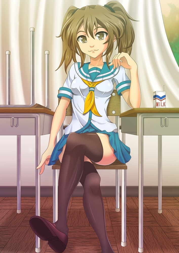 :3, black_legwear, breasts, brown_eyes, brown_hair, curtains, desk, legs_crossed, loafers, looking_at_viewer, medium_breasts, milk_carton, ntk_51, original, school_desk, school_uniform, serafuku, shoes, short_twintails, thigh-highs, thighs, twintails, zettai_ryouiki