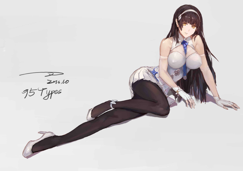 1girl, assault_rifle, bare_shoulders, between_breasts, black_legwear, breasts, brown_eyes, brown_hair