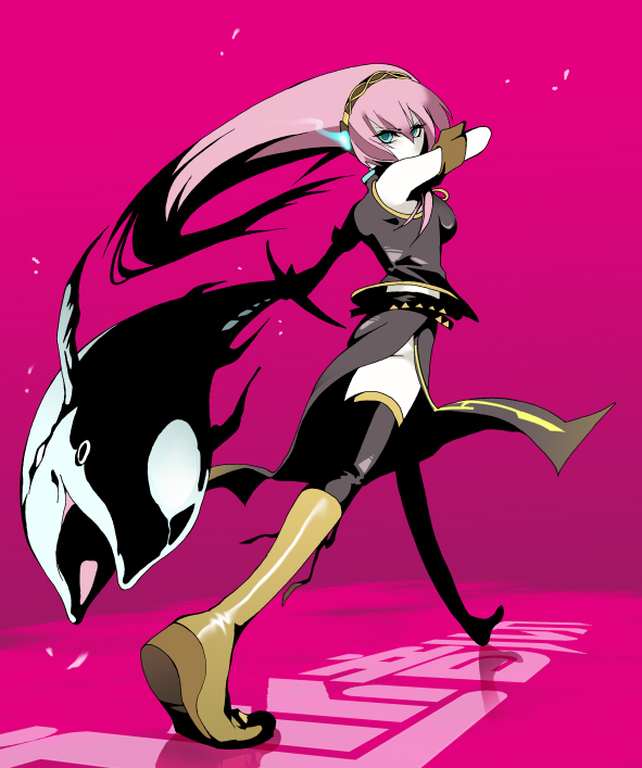 fish, high_contrast, kiyoi, knee_boots, long_hair, looking_back, megurine_luka, pink
