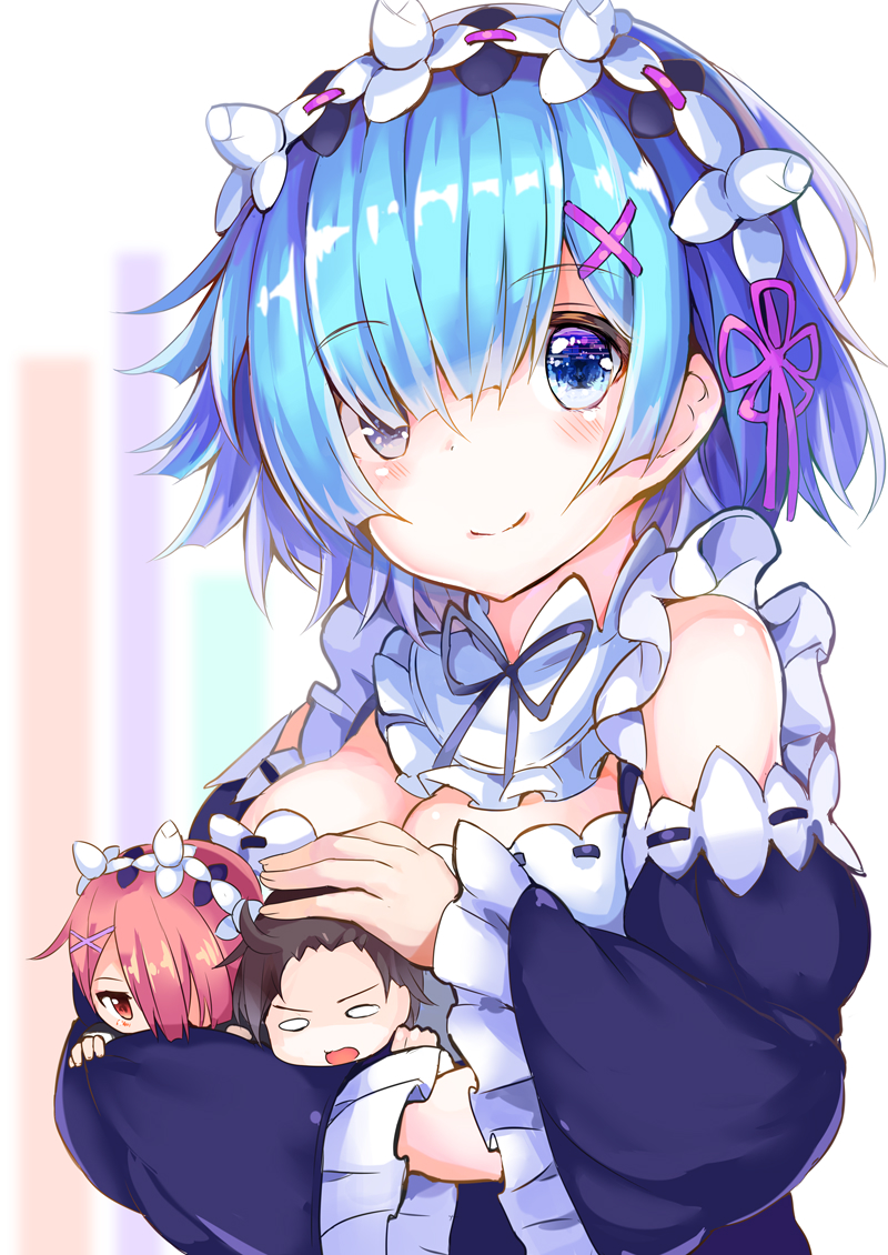 1boy, 2girls, black_hair, blue_eyes, blue_hair, breasts, chibi, cleavage
