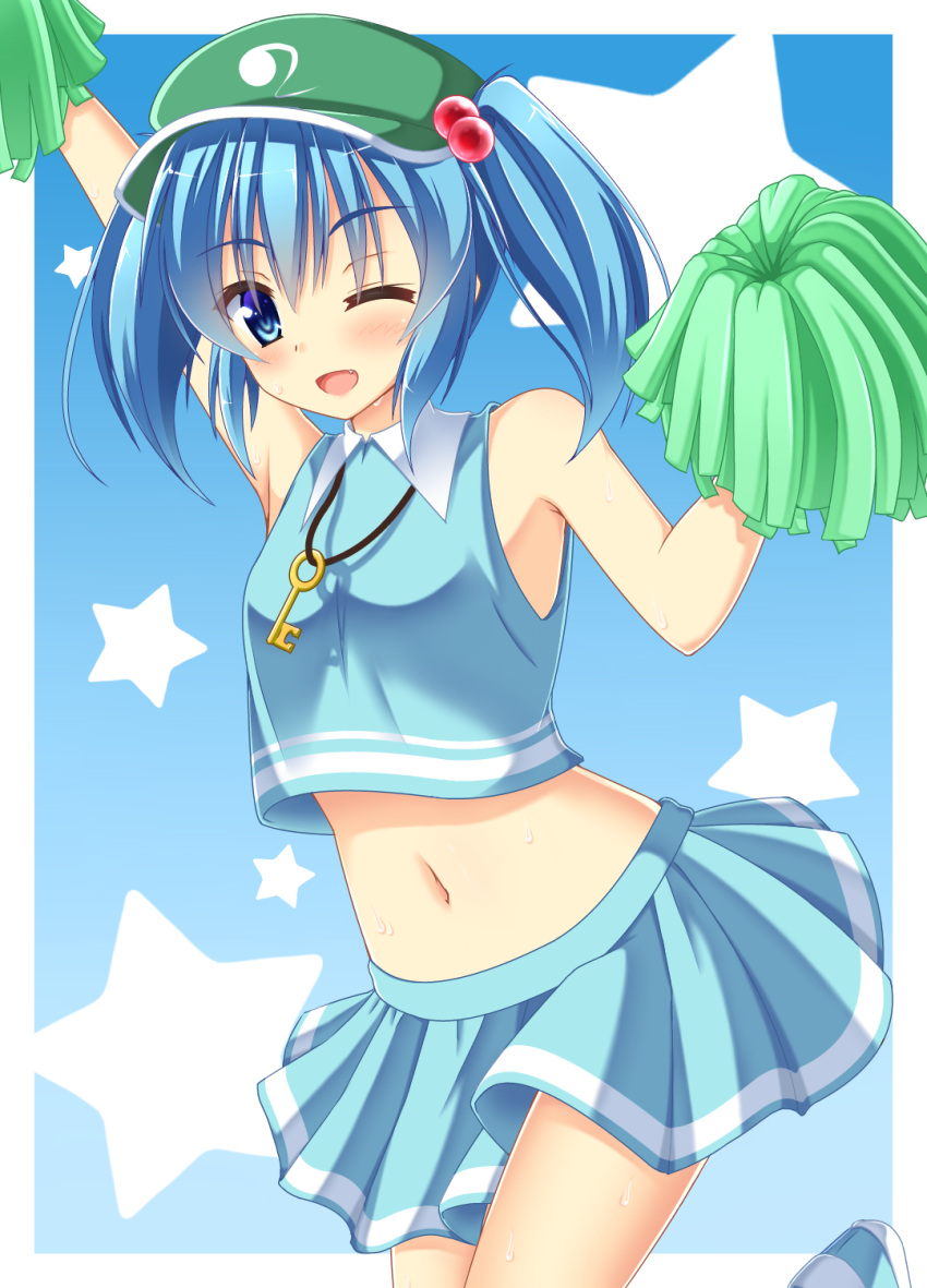 1girl, ;d, adapted_costume, arm_up, armpits, bare_shoulders, blue_eyes, blue_hair, blue_shoes, blue_skirt, blush, breasts, cheerleader, cowboy_shot, crop_top, fang, flat_cap, hair_bobbles, hair_ornament, hat, highres, houkiboshi, kawashiro_nitori, key, looking_at_viewer, matching_hair/eyes, navel, one_eye_closed, open_mouth, pom_poms, shirt, shoes, skirt, skirt_set, sleeveless, sleeveless_shirt, small_breasts, smile, solo, star, starry_background, stomach, touhou, twintails