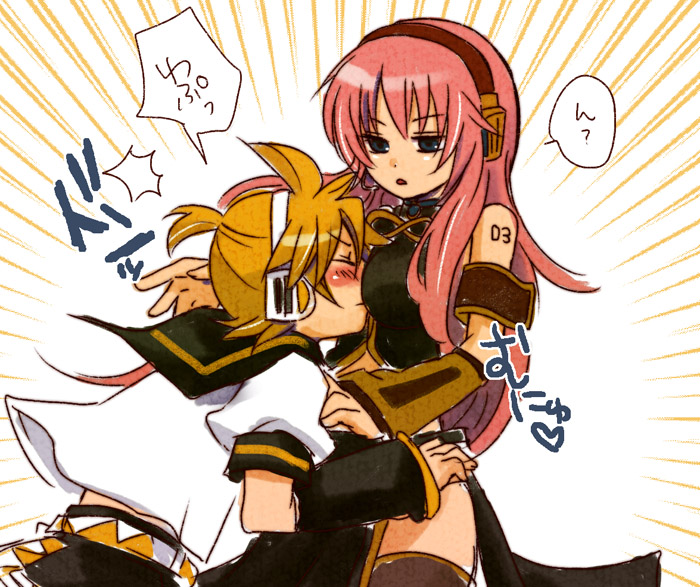breast_smother, height_difference, kagamine_len, long_hair, megurine_luka, pink_hair, thighhighs, vocaloid
