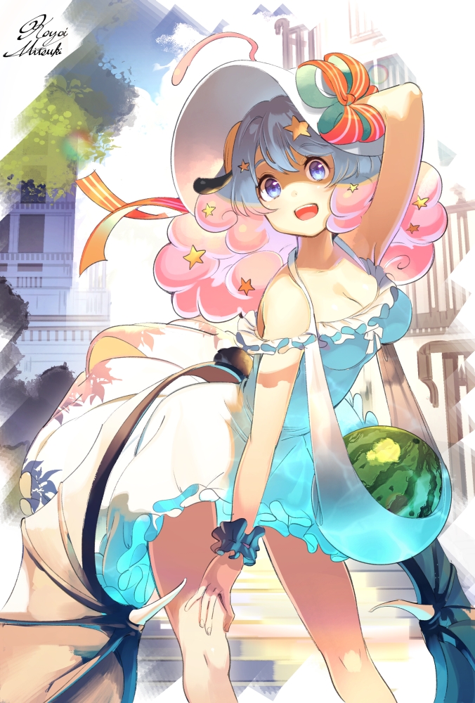 1girl, ahoge, artist_name, bare_shoulders, blue_eyes, blue_sky, breasts, building