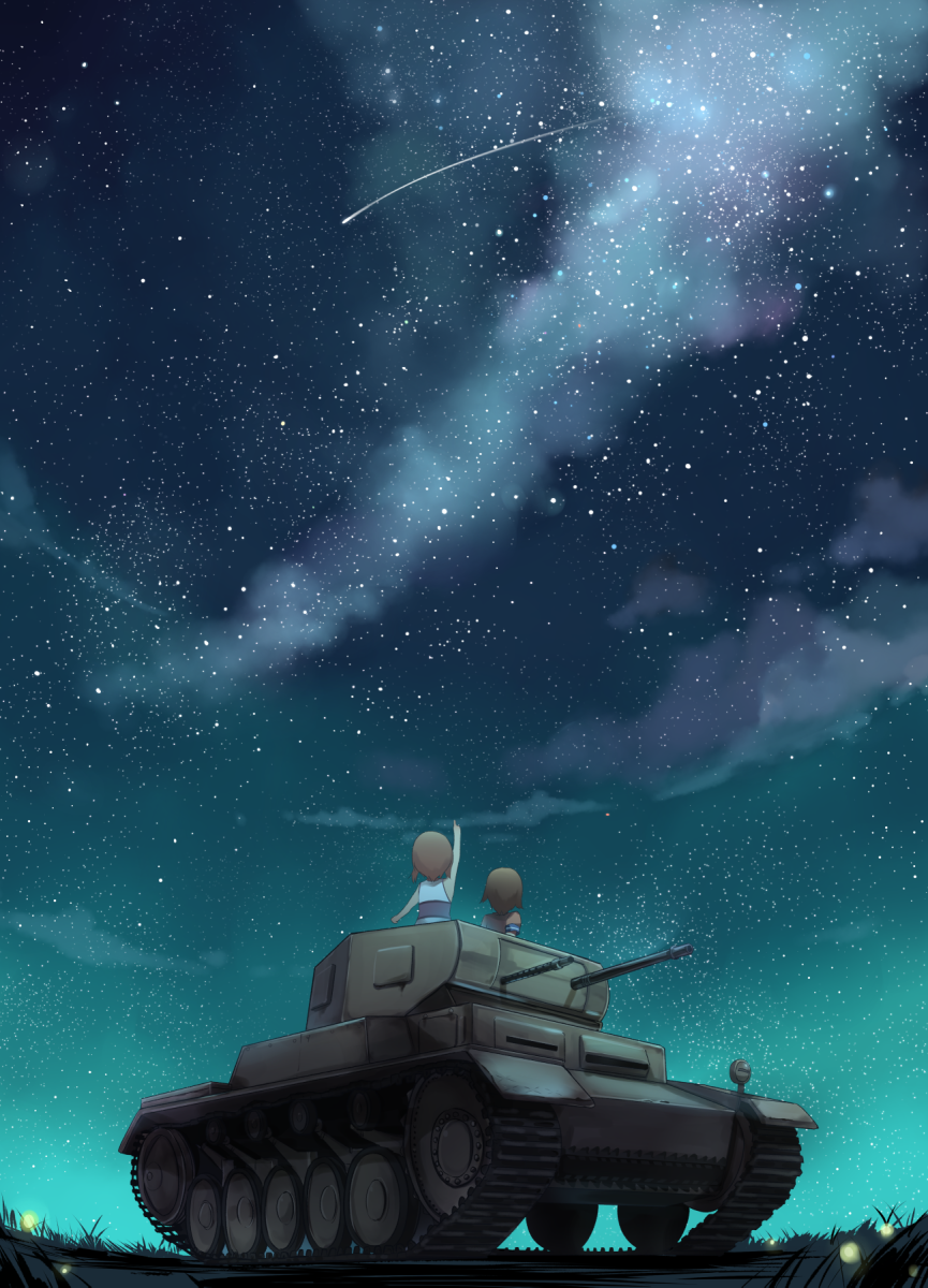 2girls, brown_hair, clouds, fireflies, from_behind, girls_und_panzer, grass, ground_vehicle