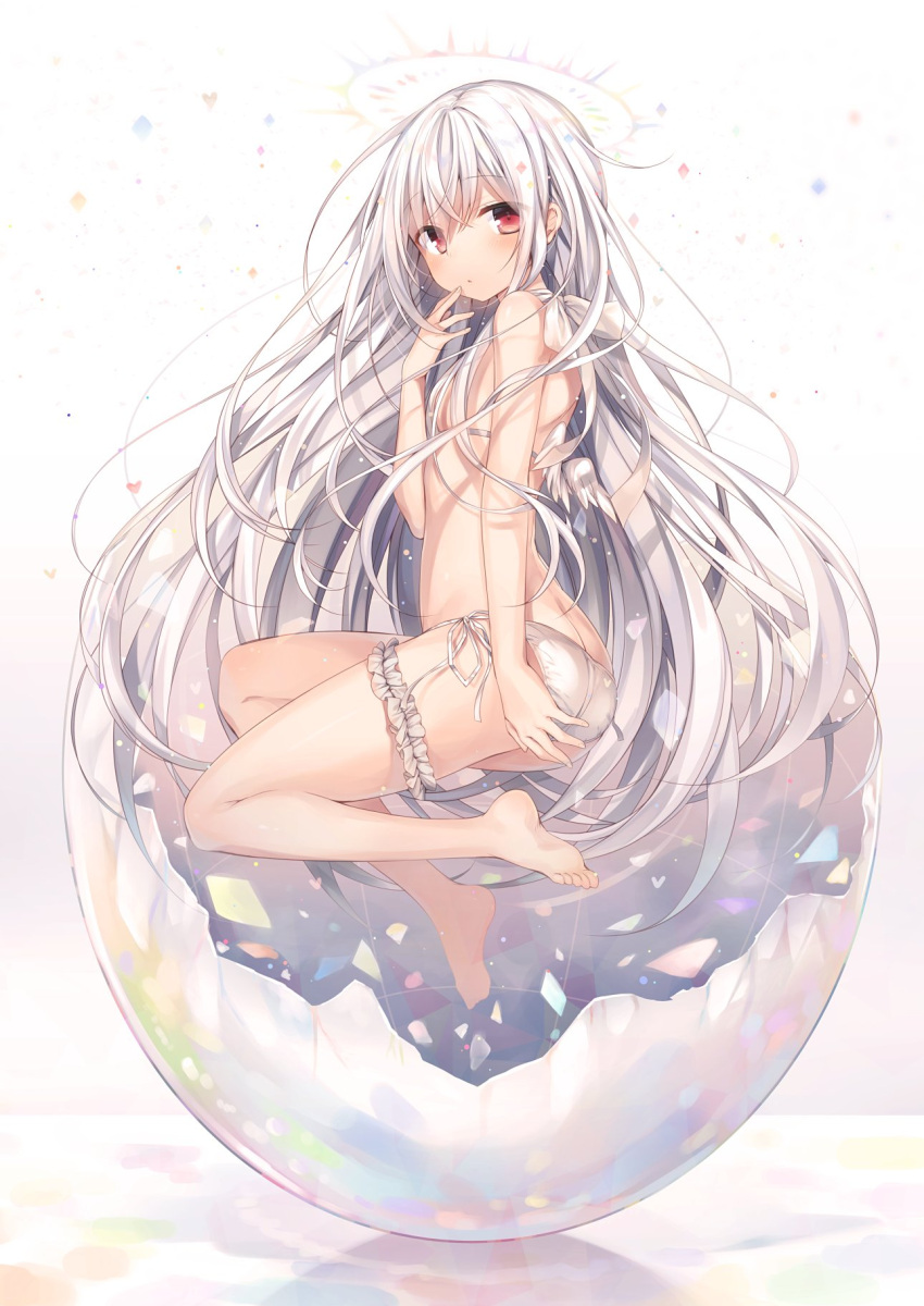 1girl, albino, angel, angel_wings, ass, bangs, barefoot, bikini