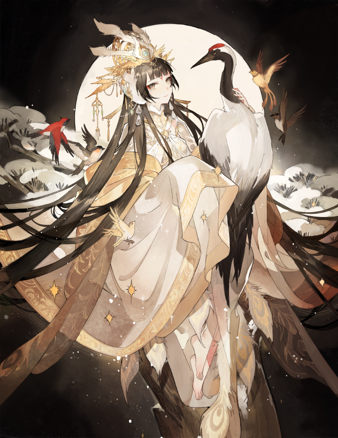 1girl, backlighting, barefoot, bird, black_hair, brown_eyes, closed_mouth, crane_(animal)